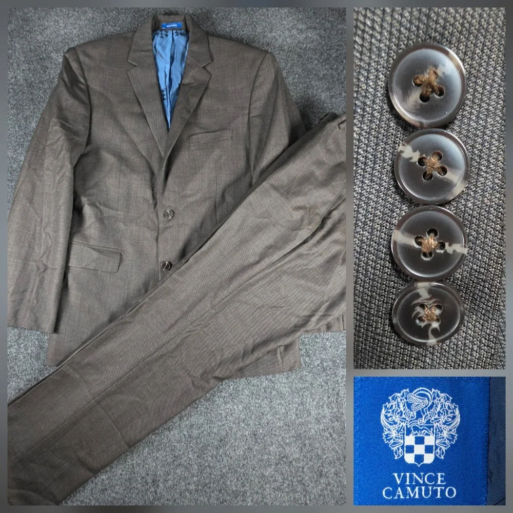 Vince Camuto 100% Wool 2-Piece Suit Men 40R 32Wx31L Brown Modern Fit Textured